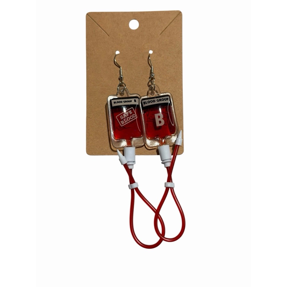 Blood Bag IV Drip Earrings Red Medical Novelty Halloween Cosplay Goth Jewelry